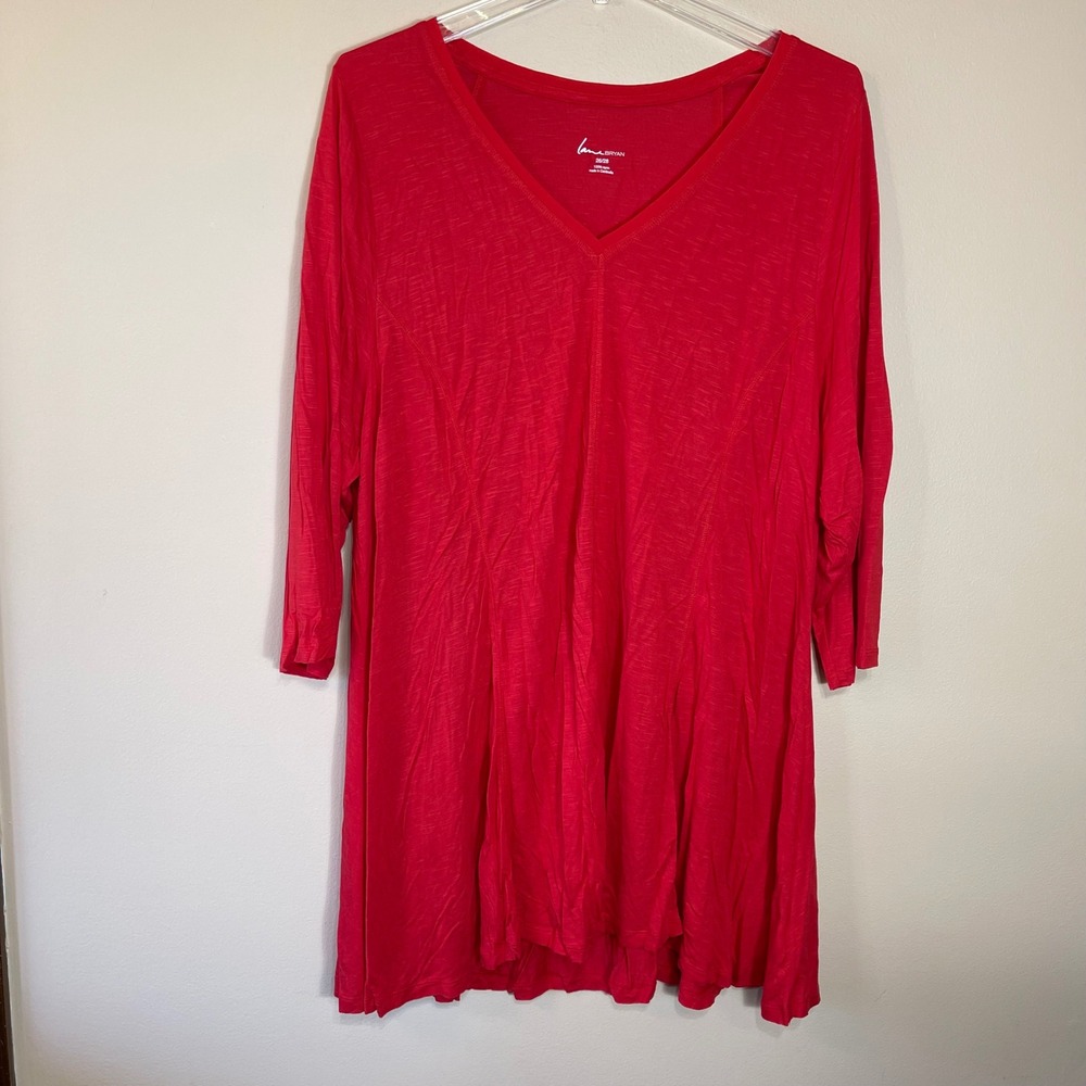 Lane Bryant Red V-Neck Tunic Top 3/4 Sleeve Plus Size 26/28 Rayon
